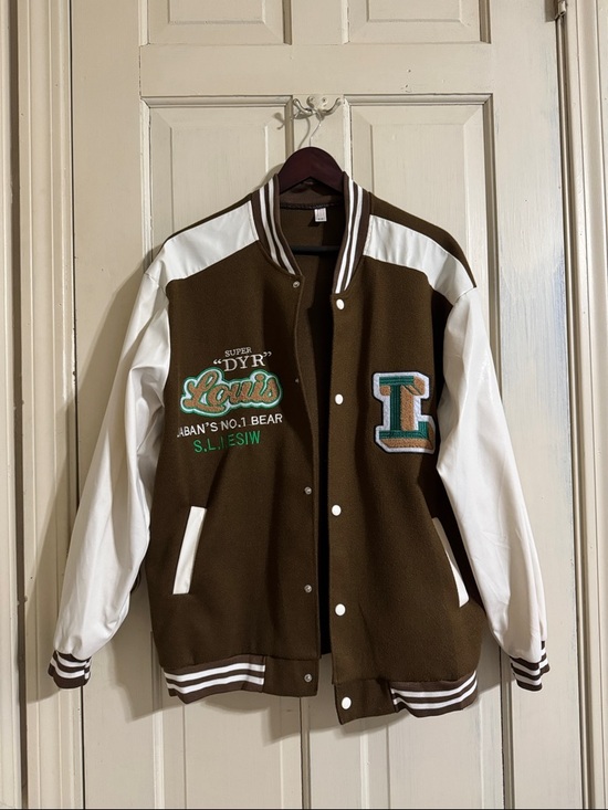 Other - Brown & White Varsity Jacket with Embroidered Patches
